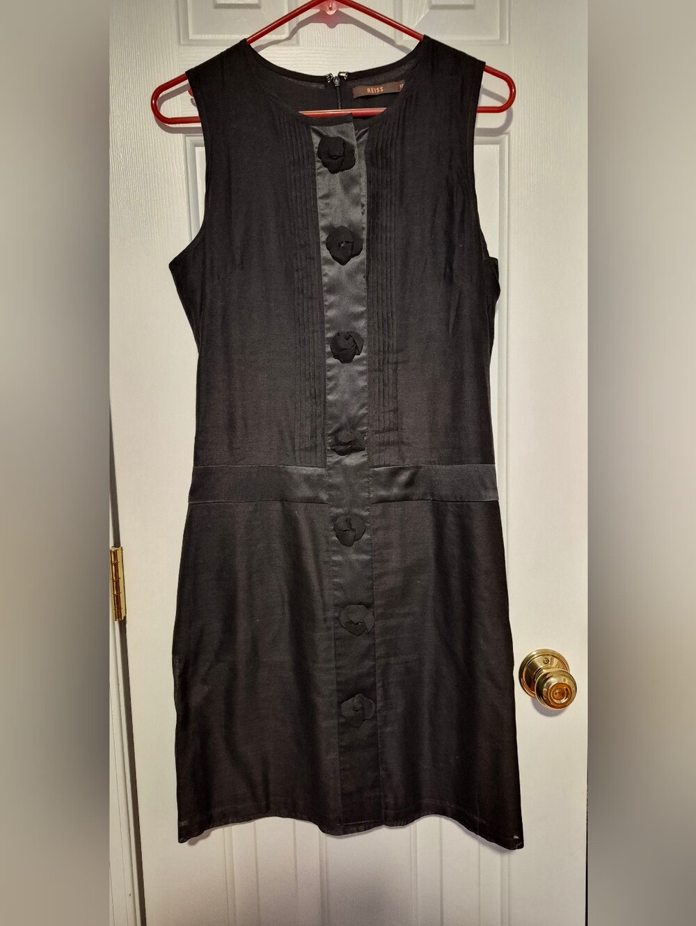REISS Mini Black Sleeveless  Cotton w/. Satin-Trim Button Dress